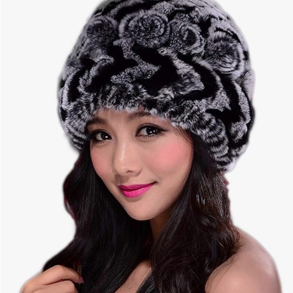 Black and Gray Rabbit Fur Winter Beanie Hat - Picture 6 of 7